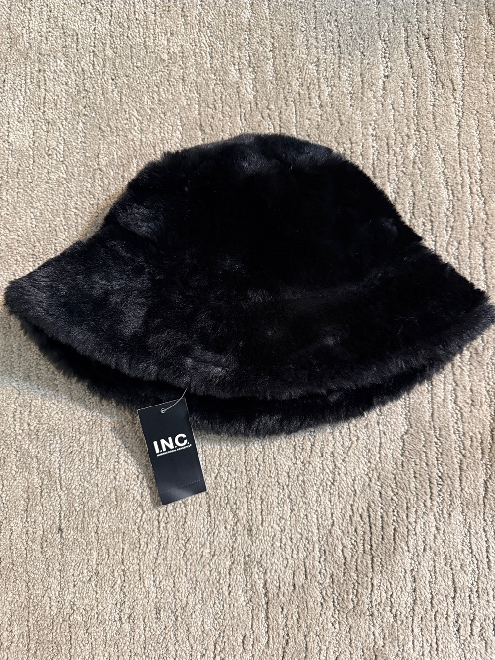 INC International Concepts Black Faux Fur Bucket Hat - Plush Style